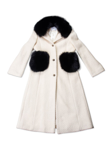 CODO Wool Tweed Black Fox Fitted Coat Ivory-designer resale
