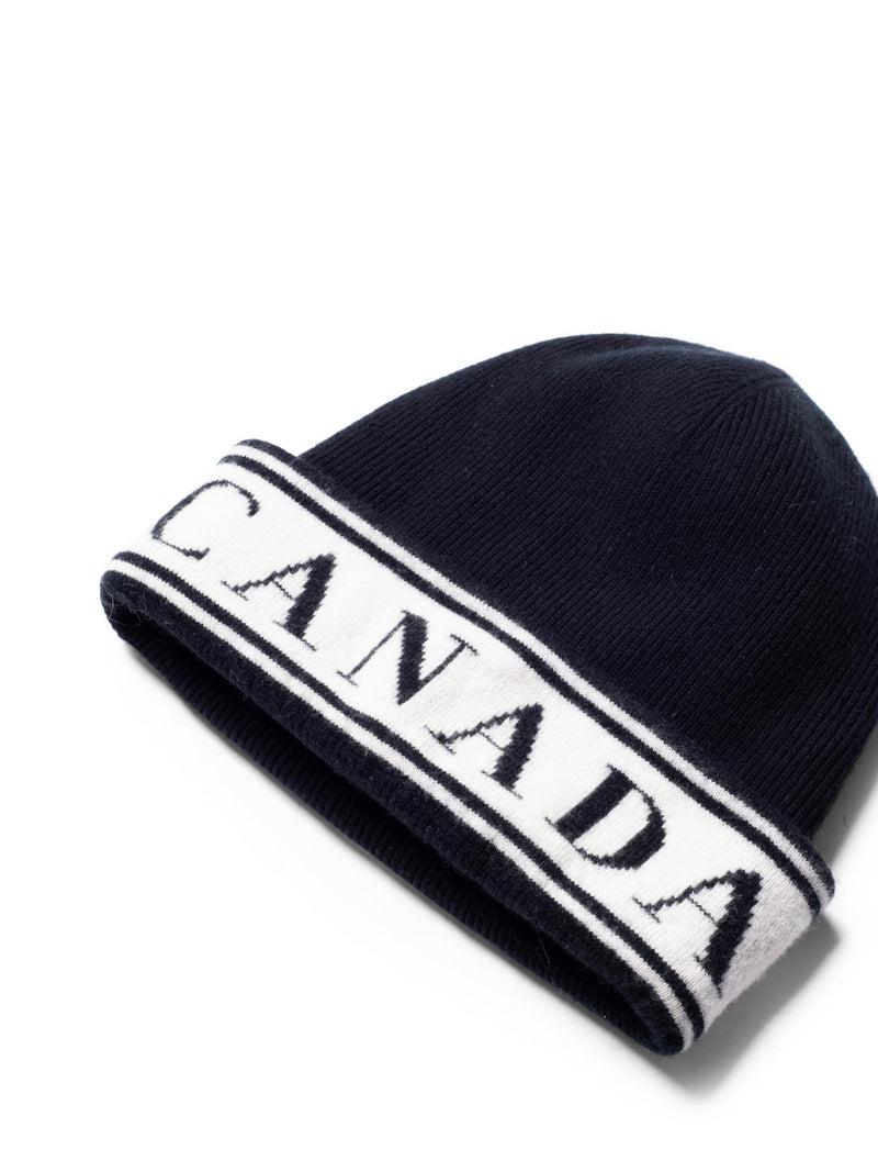 Canada Goose Logo Wool Knit Beanie Hat Black White-designer resale