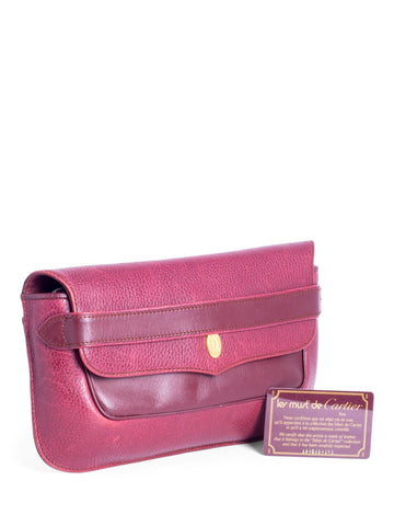 Cartier Logo Vintage Heritage Leather 24K Gold Plated Flap Clutch Burgundy-designer resale