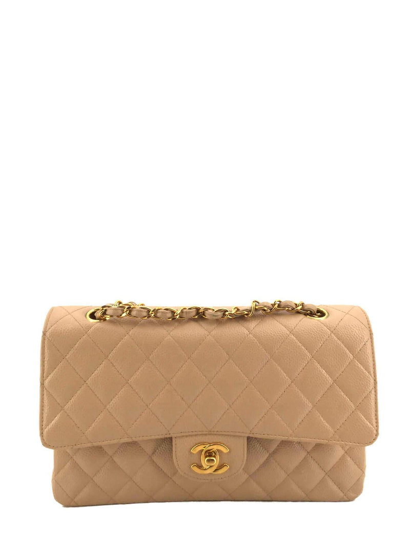 Caviar Quilted Medium Double Flap Beige