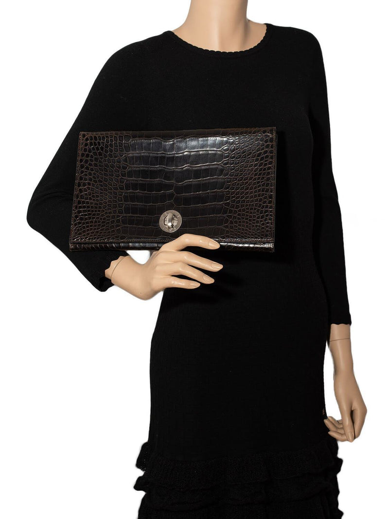 Celine Crocodile Embossed Calfskin Clutch Brown-designer resale