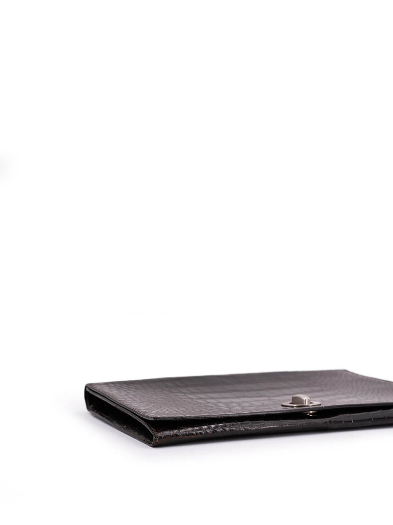 Celine Crocodile Embossed Calfskin Clutch Brown-designer resale