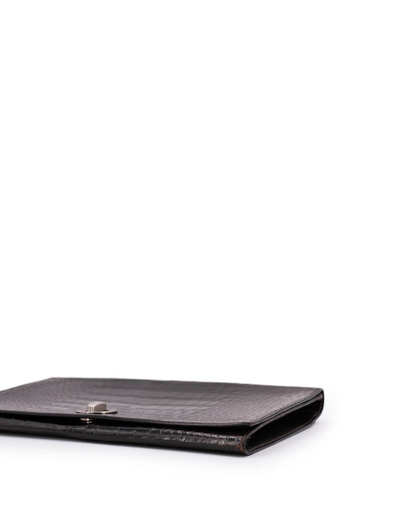 Celine Crocodile Embossed Calfskin Clutch Brown-designer resale