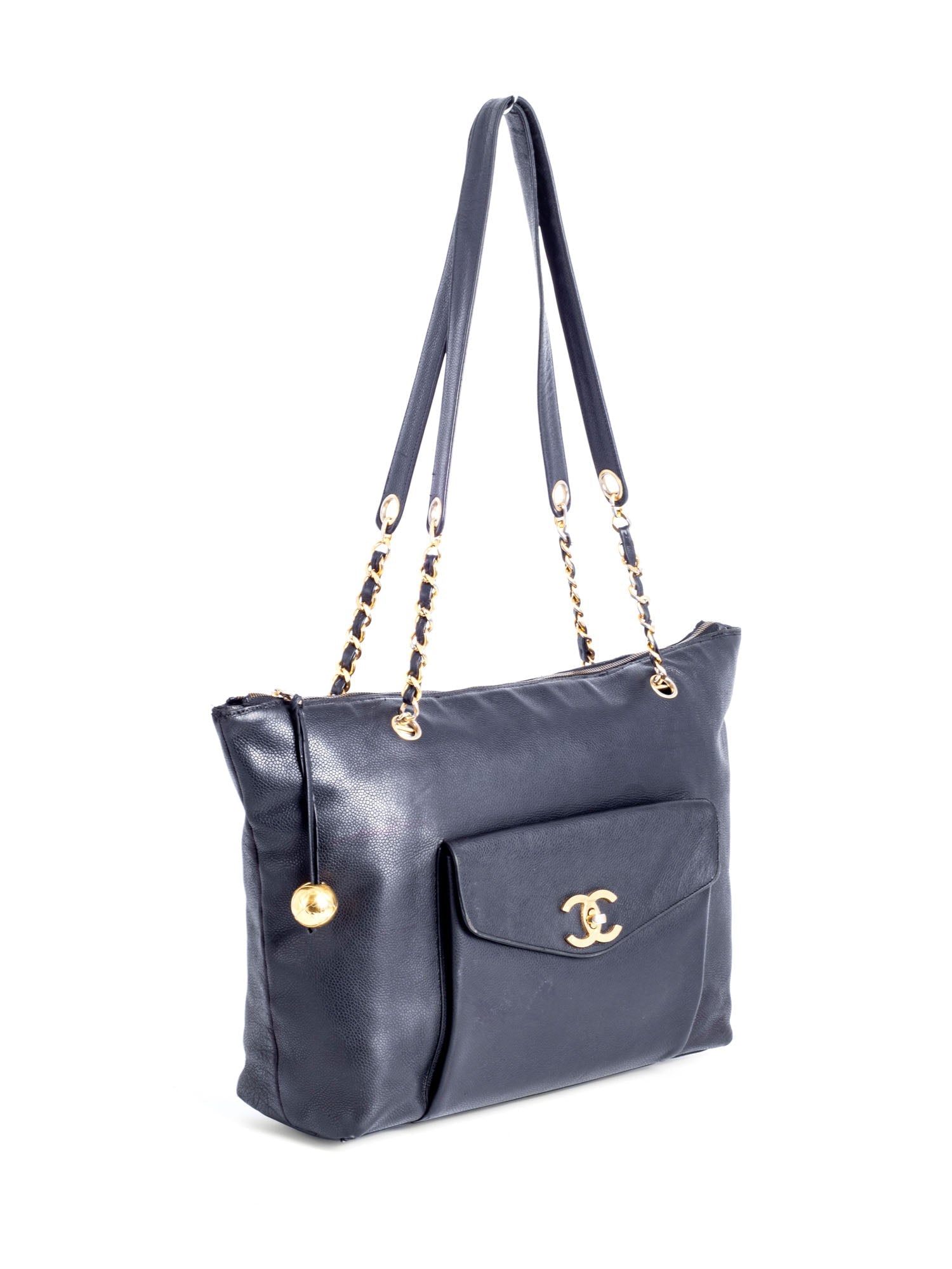 Chanel CC Logo Caviar Leather Shopper Bag Black-designer resale