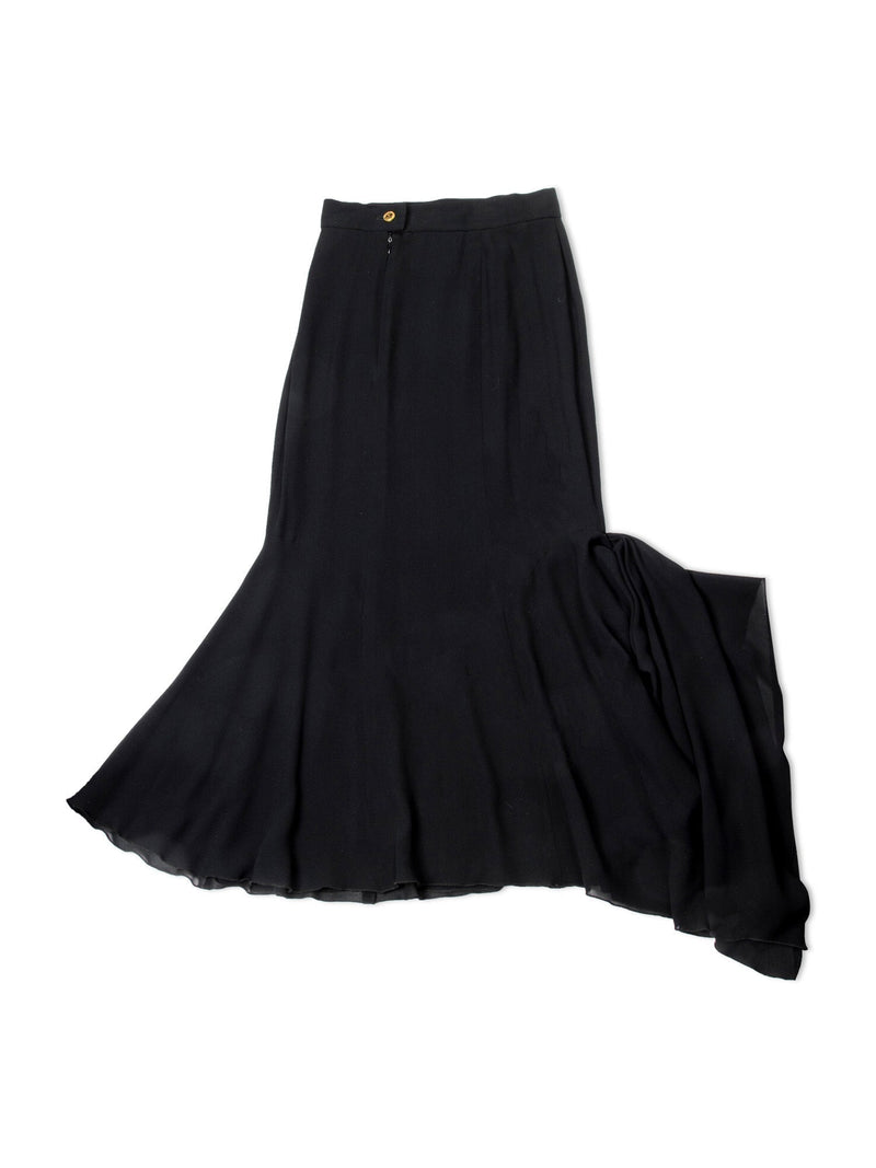 Chanel CC Logo Chiffon Silk Maxi Asymmetrical Skirt Black-designer resale