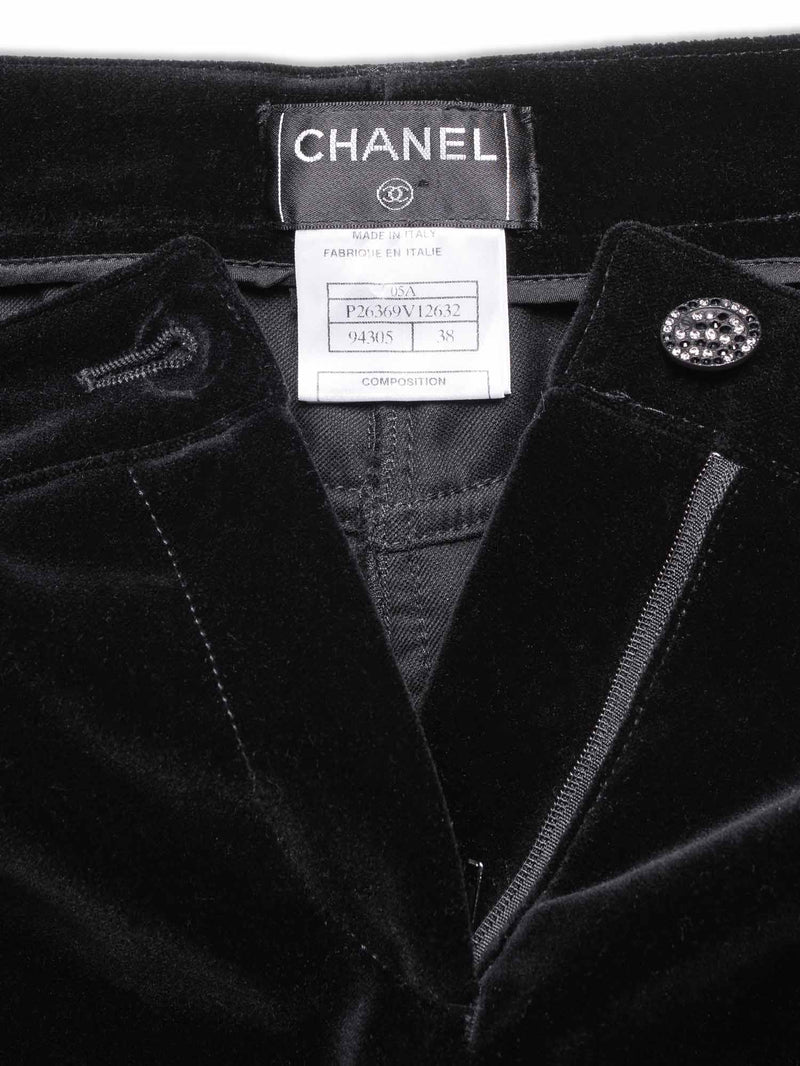 Chanel Black Velvet Crystal Logo CC Footed Leggings Pants with Coco Chanel