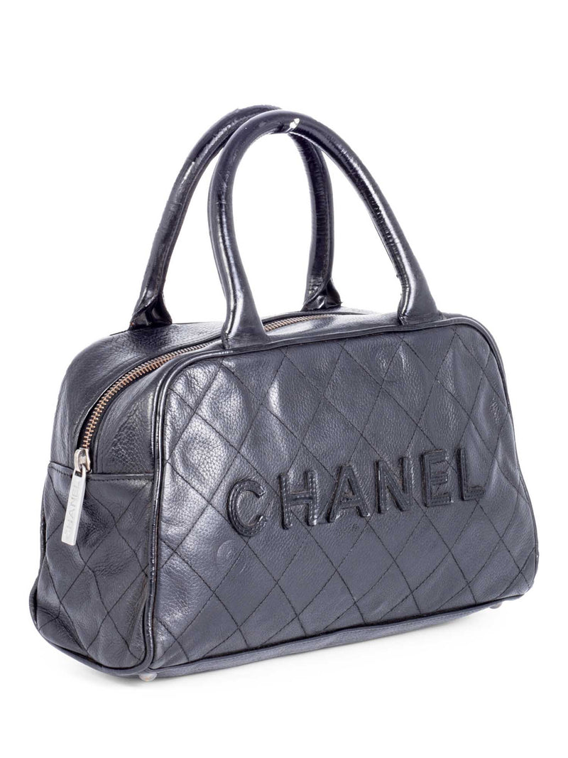 Chanel Quilted Caviar Mini Bowler Logo Bag Black