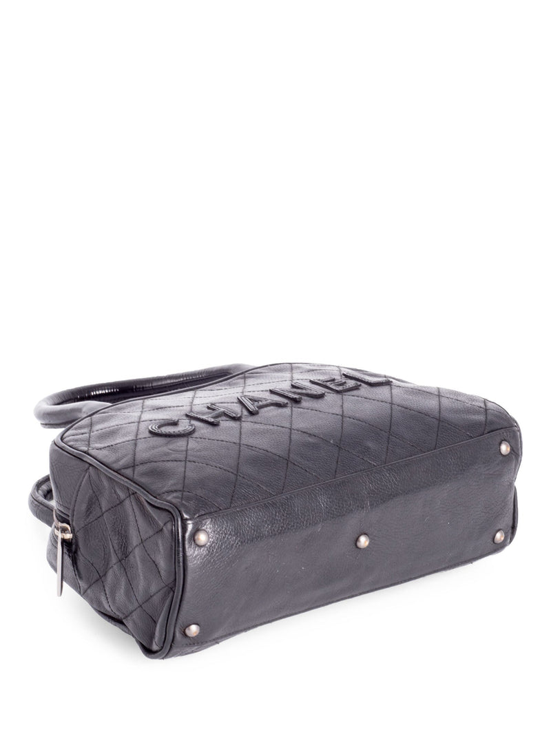 Chanel Quilted Caviar Mini Bowler Logo Bag Black-designer resale