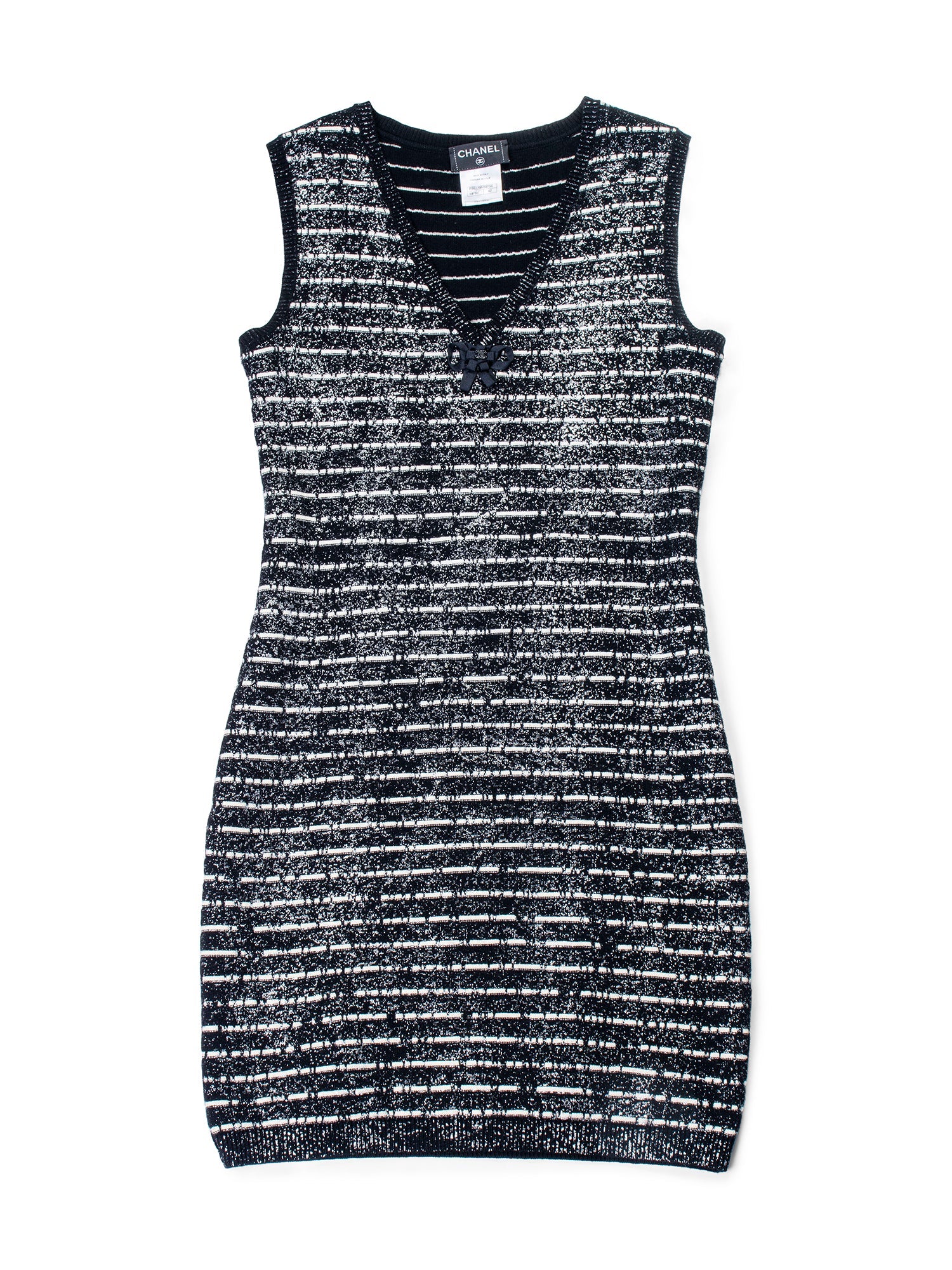 CHANEL Sparkly Knit CC Logo Dress Black White-designer resale
