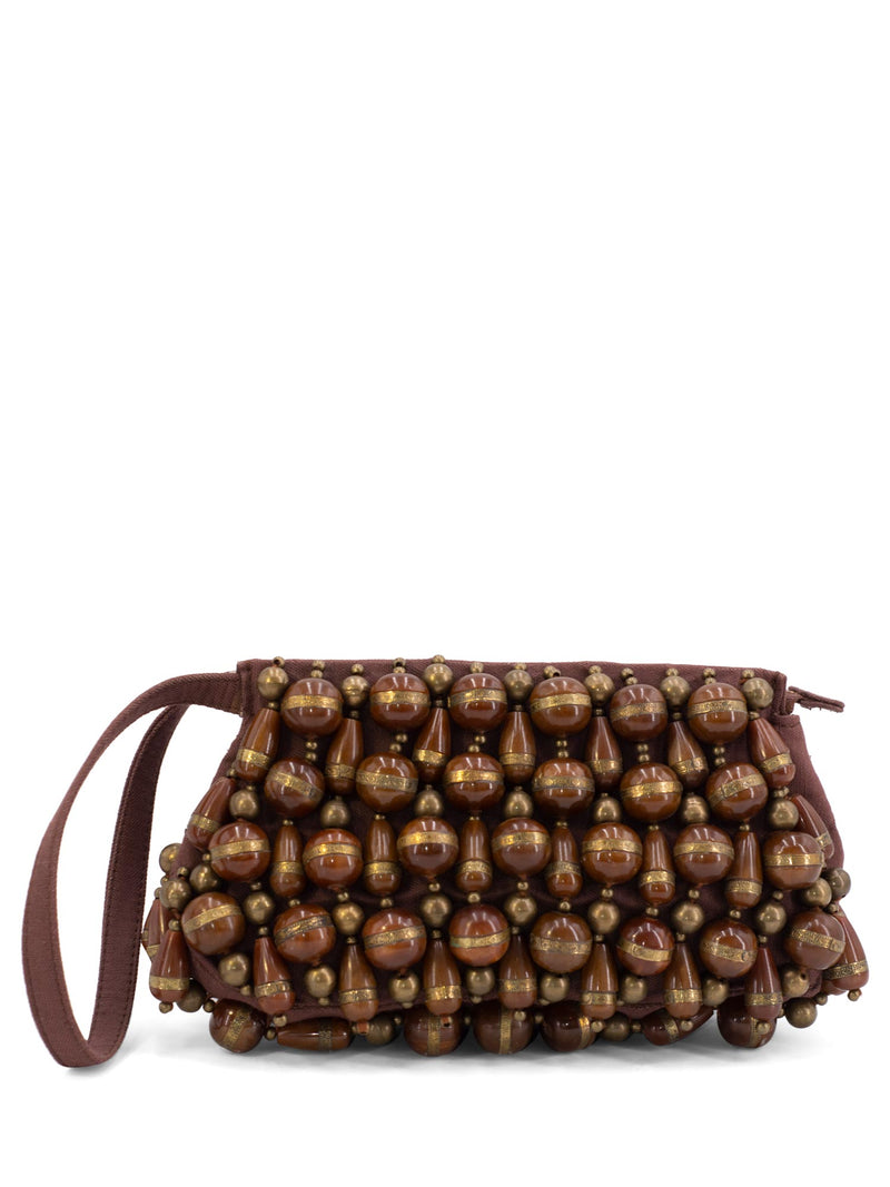 Chloe Canvas Beaded Wristlet Bag Brown-designer resale