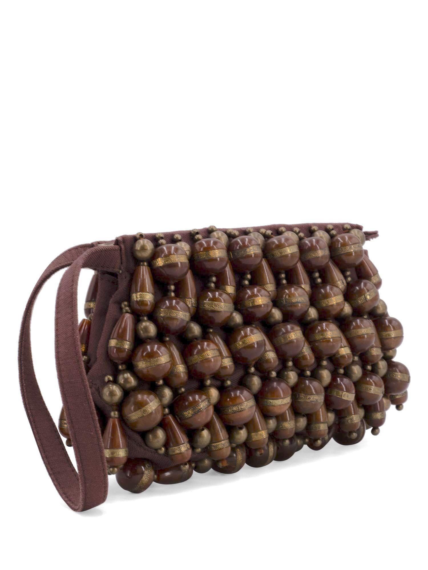 Chloe Canvas Beaded Wristlet Bag Brown-designer resale