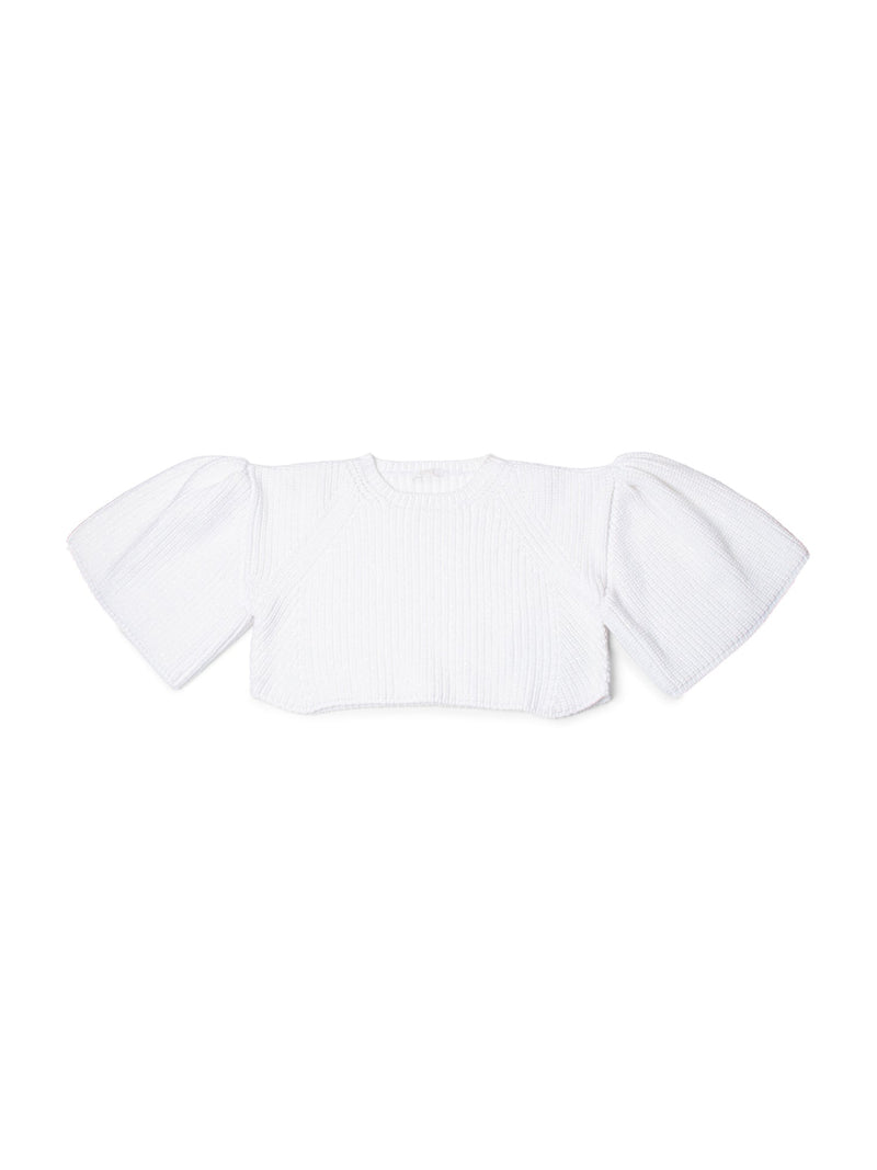 Chloe Cotton Balloon Sleeve Knitted Lurex Cropped Sweater White-designer resale