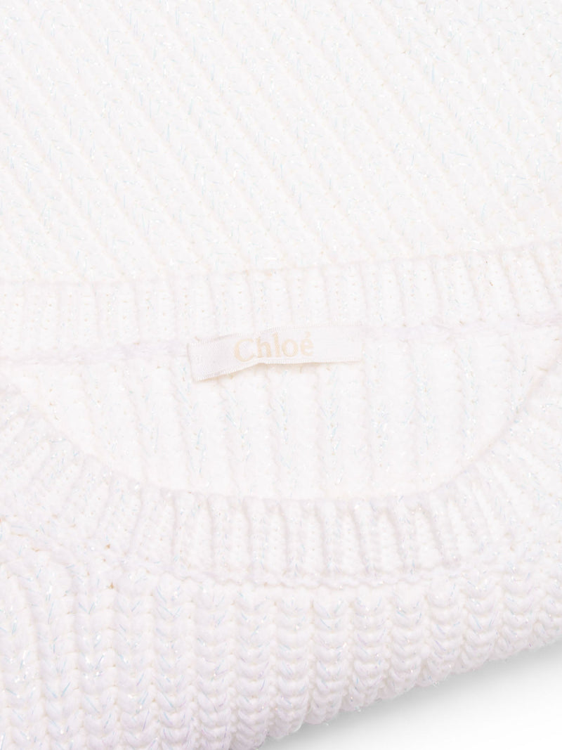 Chloe Cotton Balloon Sleeve Knitted Lurex Cropped Sweater White-designer resale
