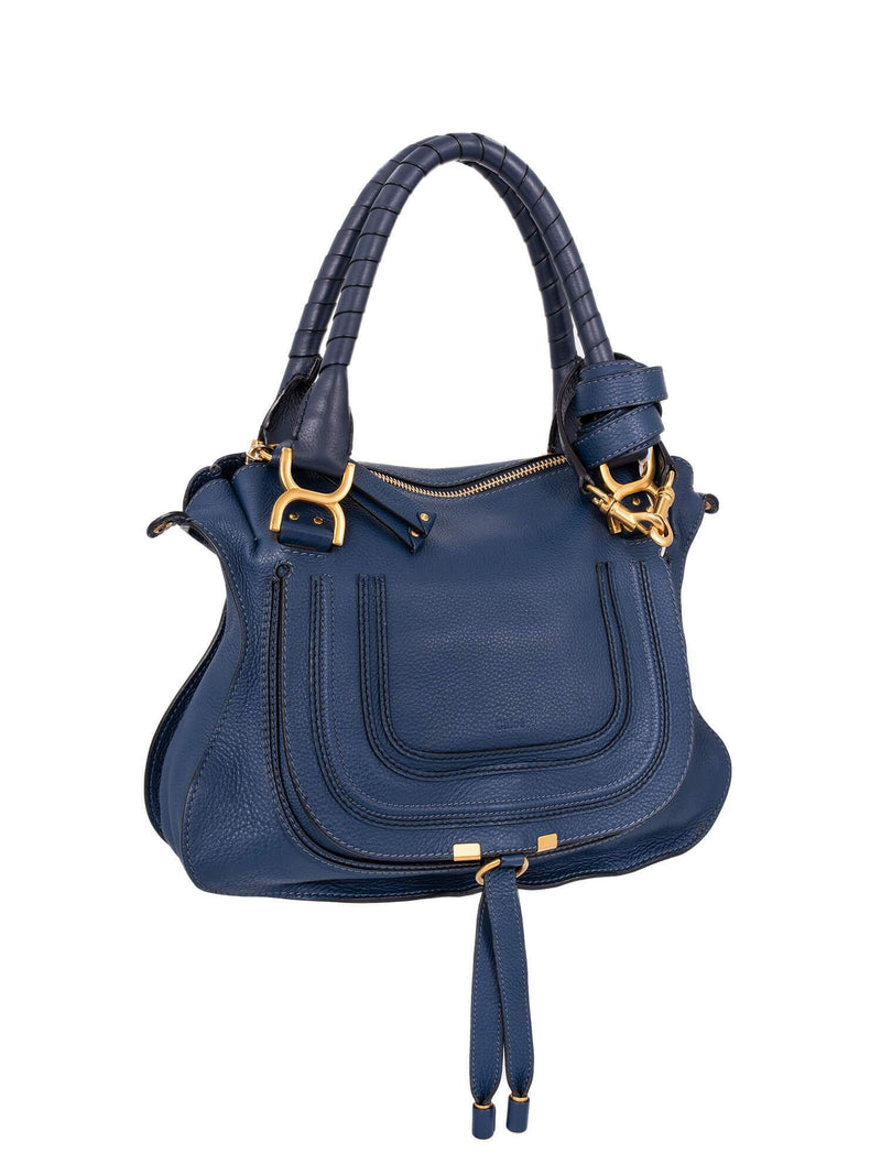 Chloe Leather Medium Marcie Satchel Bag Navy Blue-designer resale