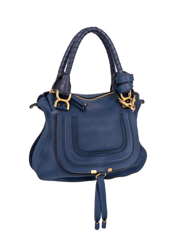 Chloe Leather Medium Marcie Satchel Bag Navy Blue-designer resale