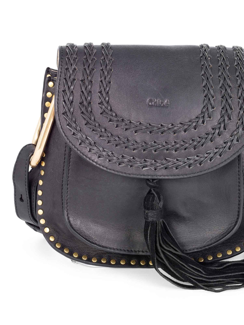 Chloe Leather Tassel Studded Hudson Cross Body Bag Black-designer resale
