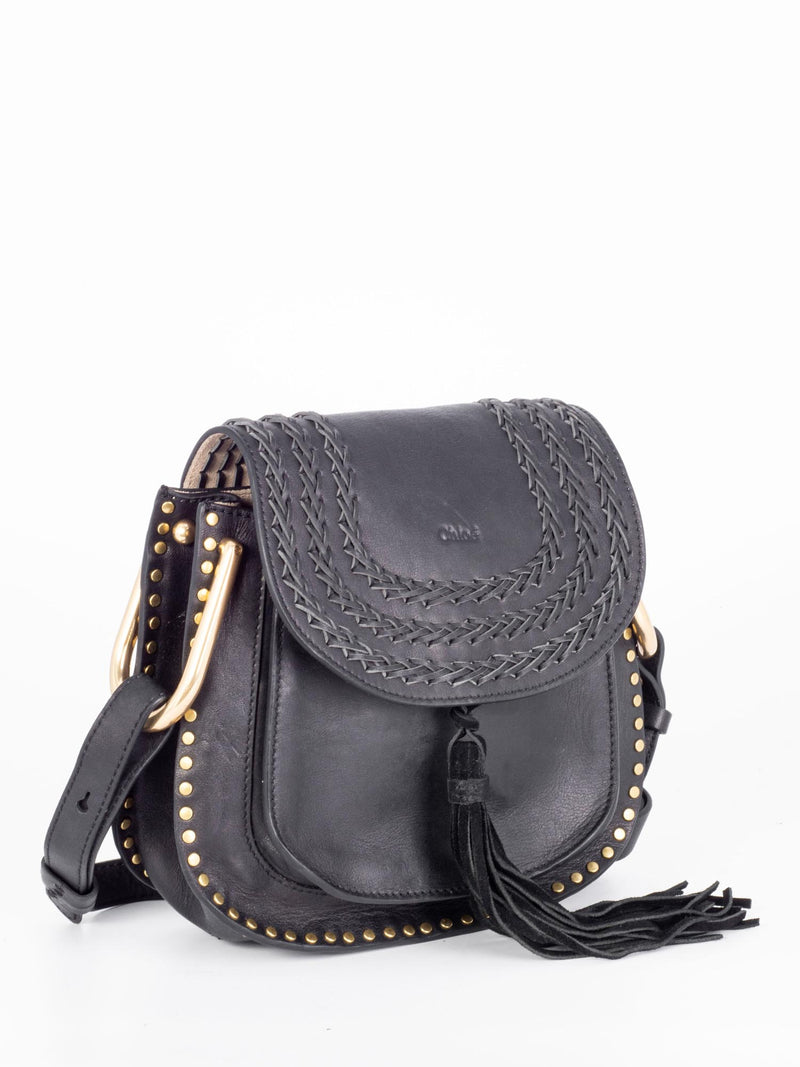 Chloe Leather Tassel Studded Hudson Cross Body Bag Black-designer resale