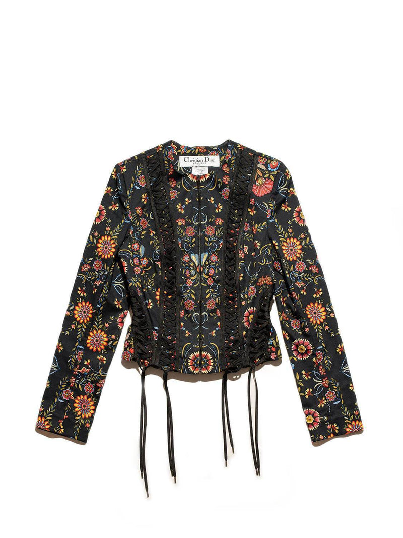 Christian Dior Cotton Embroidered Floral Laced Jacket Black-designer resale