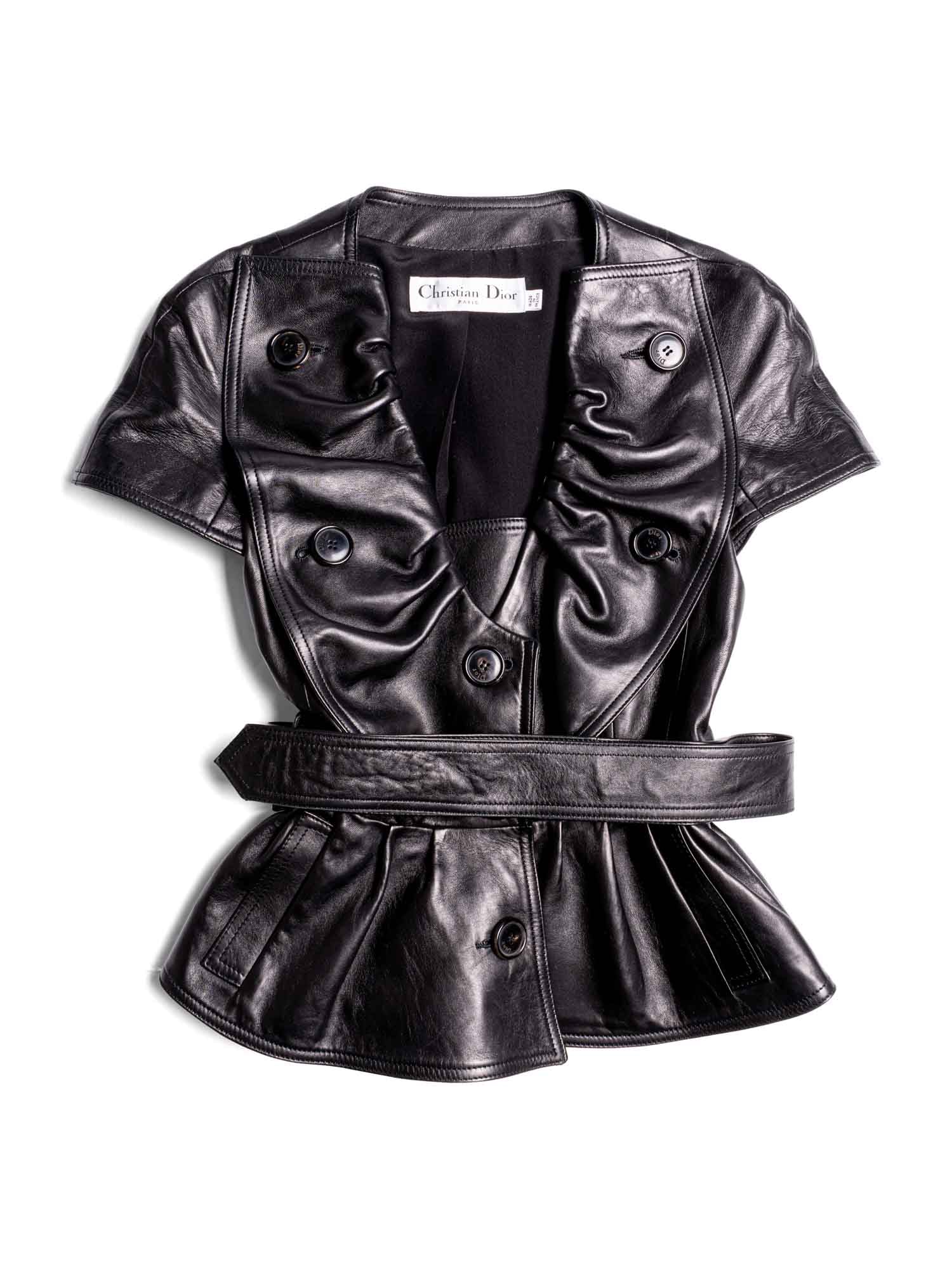 Christian Dior Lambskin Leather Peplum Belted Short Sleeve Jacket Black-designer resale