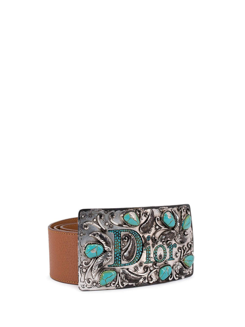 Christian Dior Leather Belt Turquoise Brown-designer resale