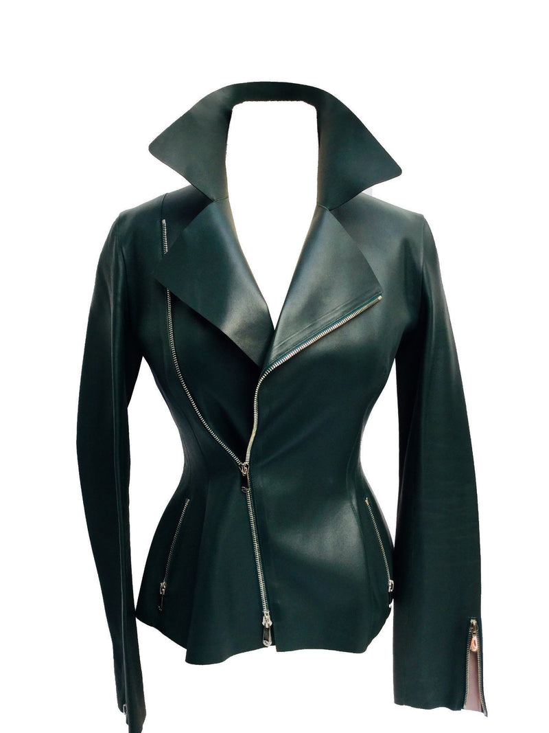 Christian Dior Leather Fitted Biker Jacket Green-designer resale