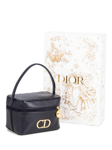 Christian Dior Leather Vanity Globe Trotter Bag Black-designer resale