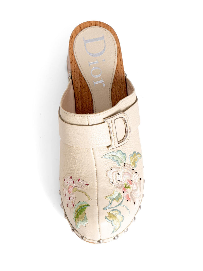 Christian Dior Logo Leather Floral Clog Slip On Shoes Beige