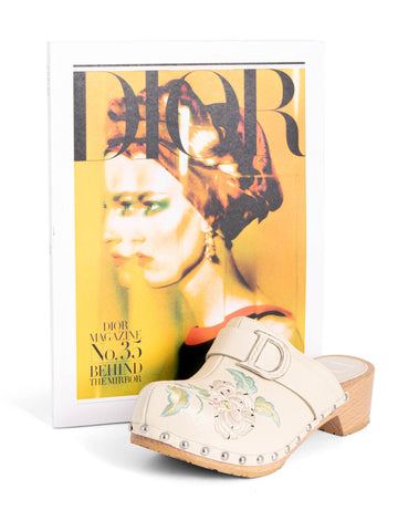 Christian Dior Logo Leather Floral Clog Slip On Shoes Beige-designer resale