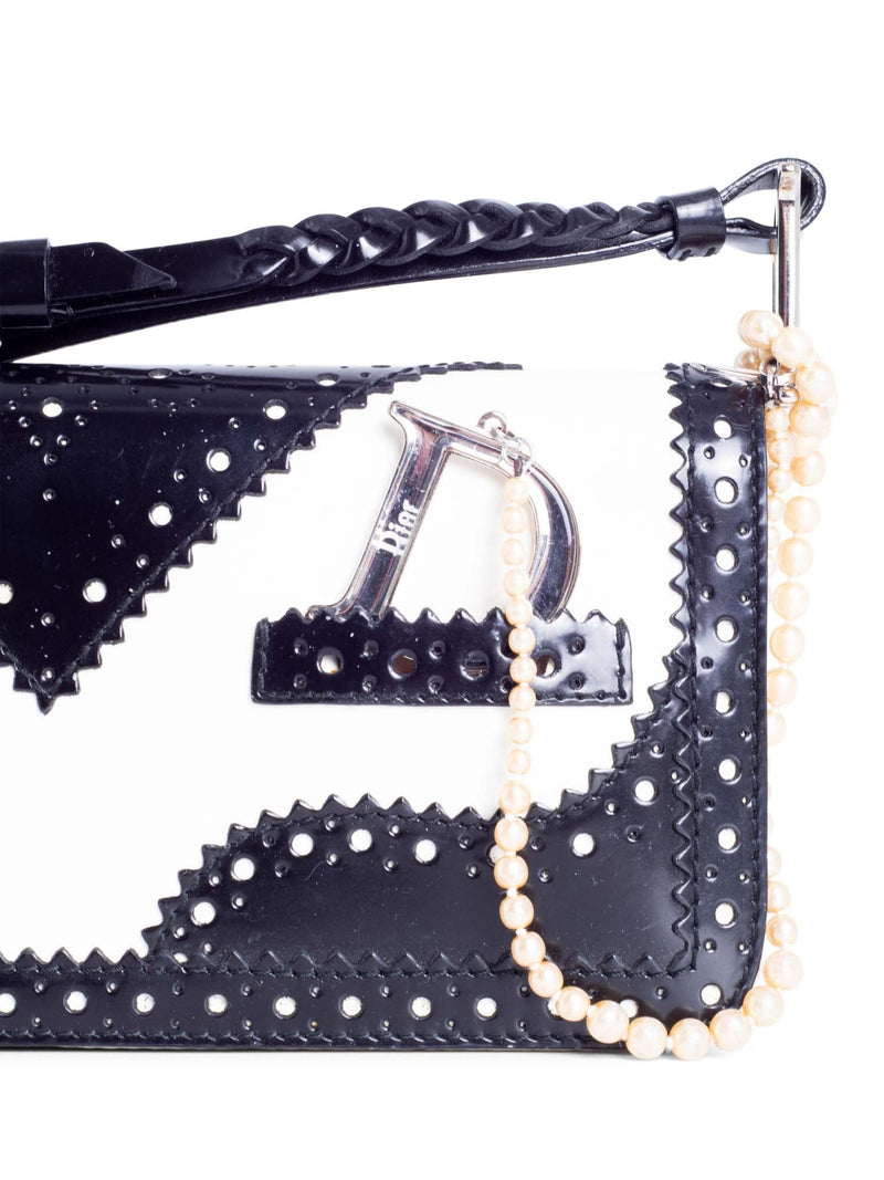 Christian Dior Patent Leather D Trick Pearl Flap Bag Black White-designer resale