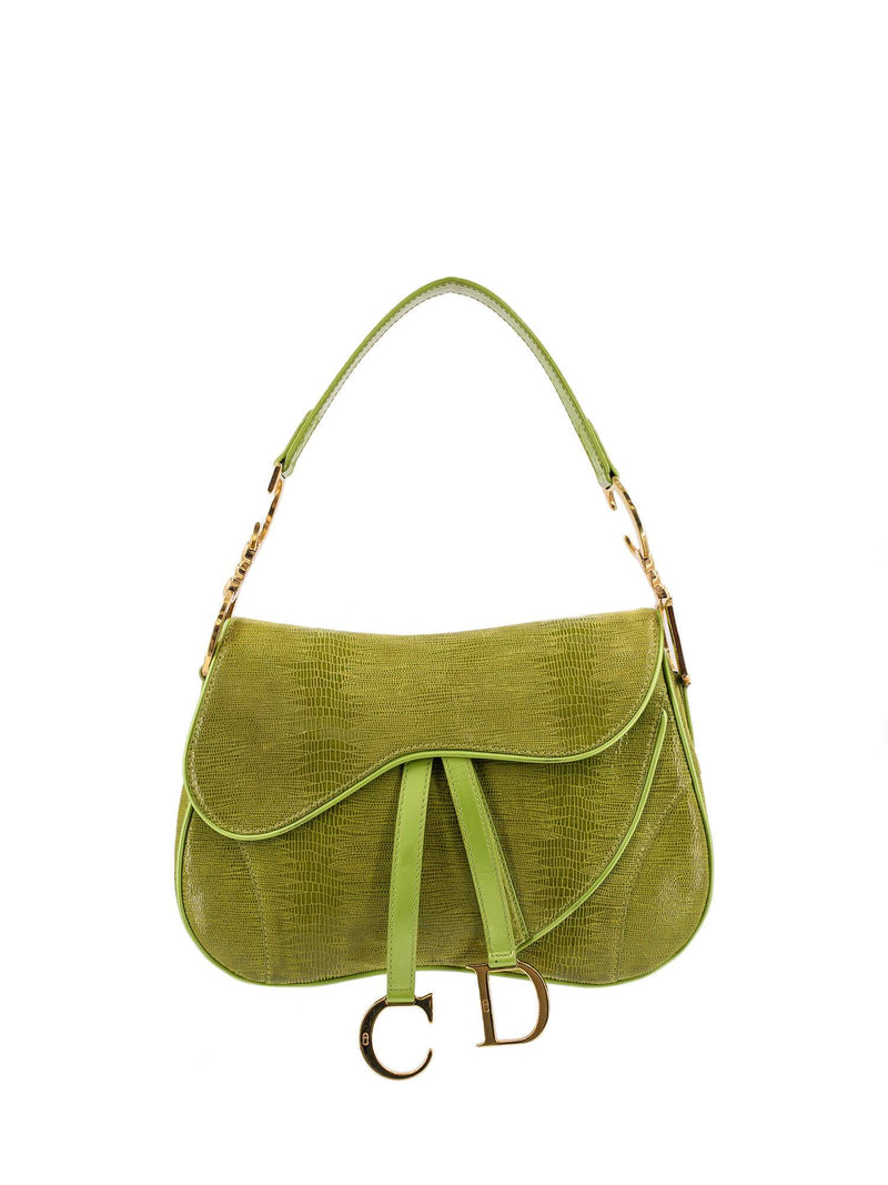 Christian Dior Shiny Lizard Double Saddle Bag Green-designer resale