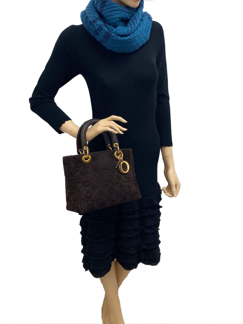 Christian Dior Suede Cannage Medium Lady Dior Tote Brown-designer resale
