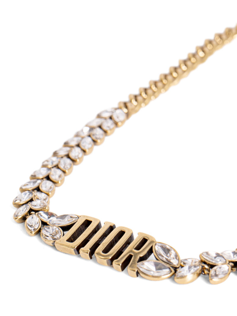 Christian Dior Vintage Logo Laurel Leaf Swarovski Choker Necklace Gold