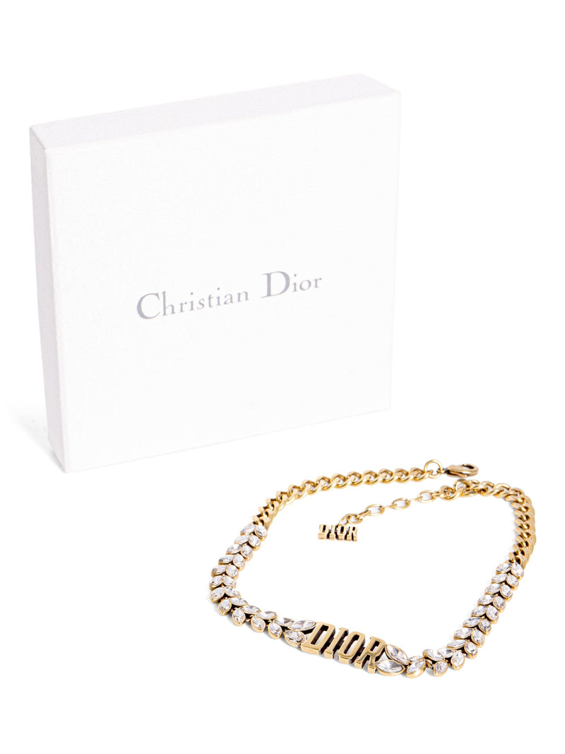 Christian Dior Vintage Logo Laurel Leaf Swarovski Choker Necklace Gold-designer resale