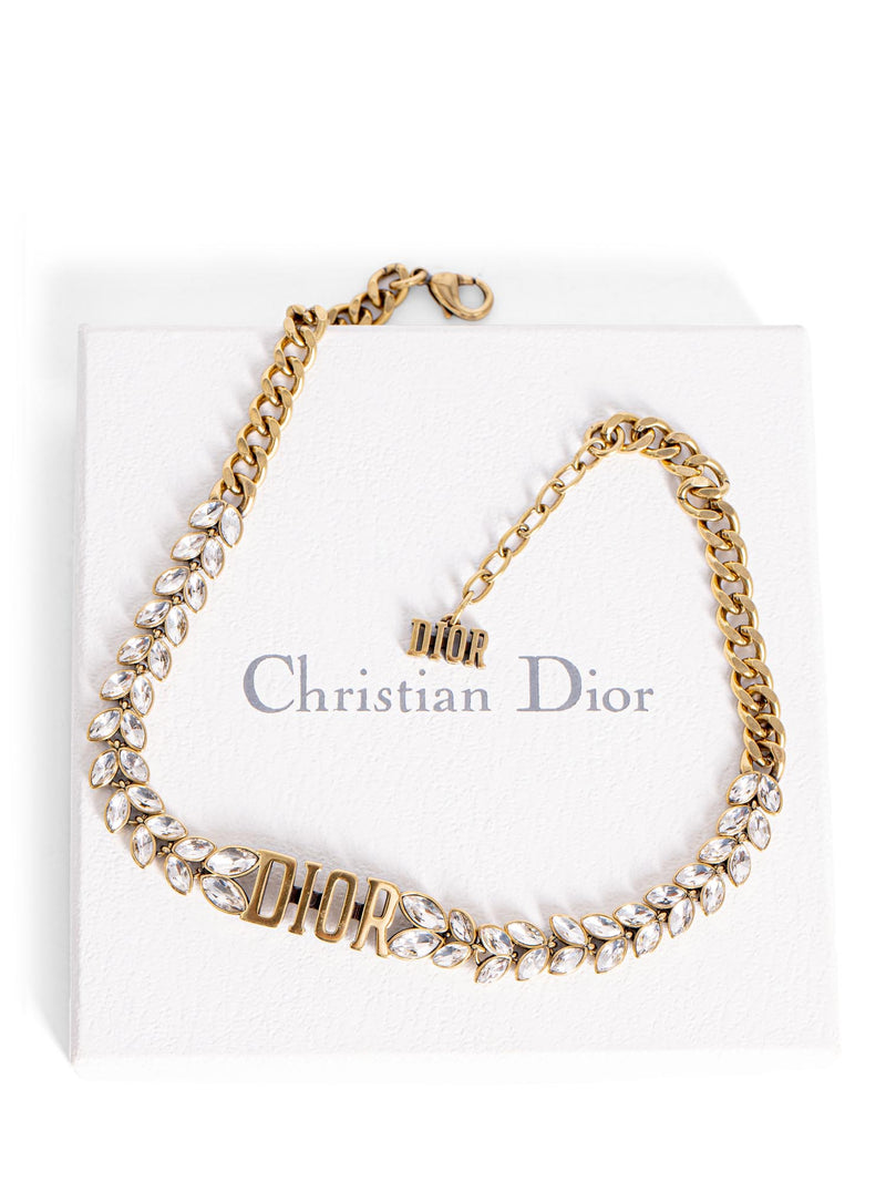 Christian Dior Vintage Logo Laurel Leaf Swarovski Choker Necklace Gold-designer resale