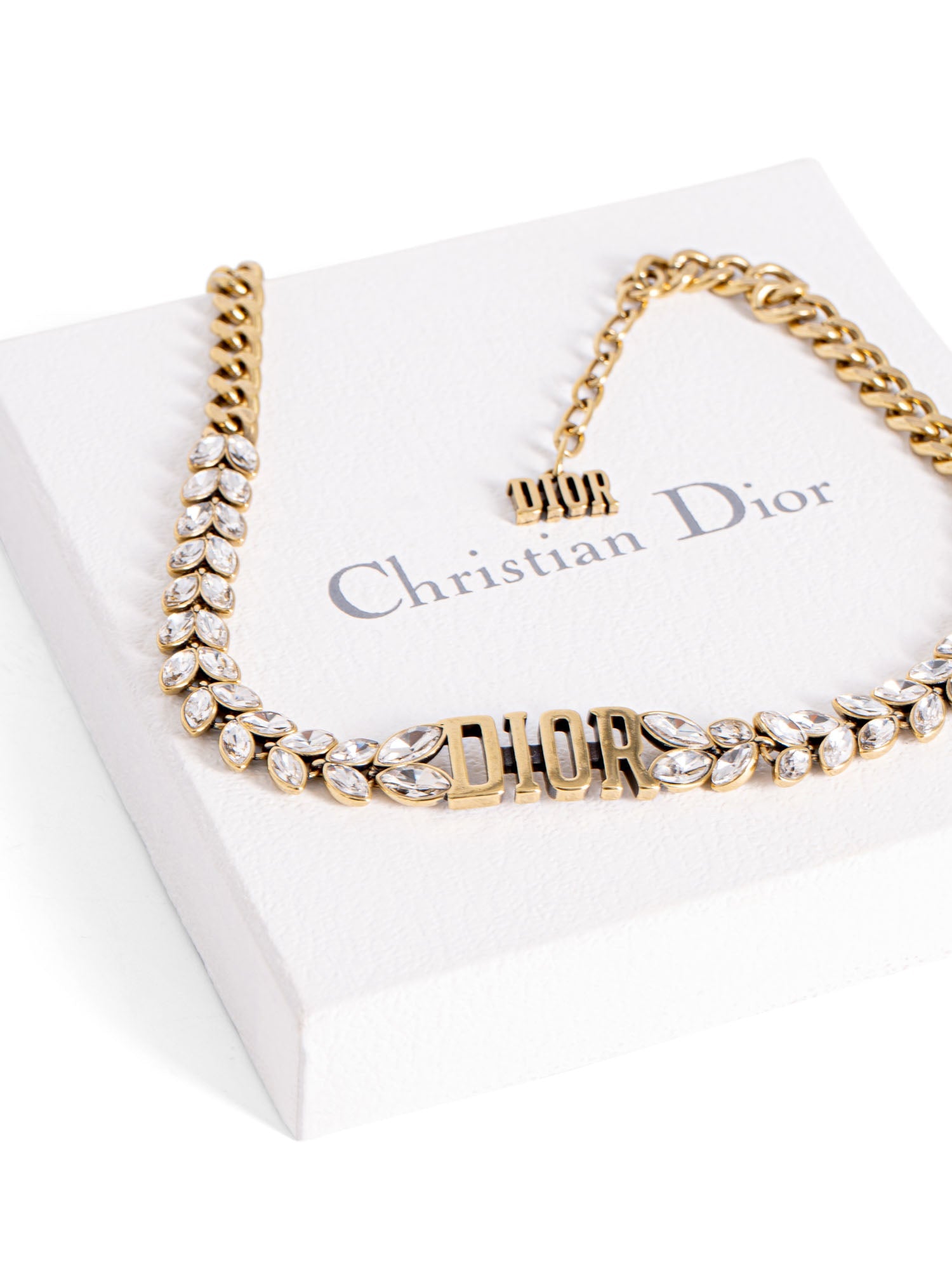 Christian Dior Vintage Logo Laurel Leaf Swarovski Choker Necklace Gold-designer resale
