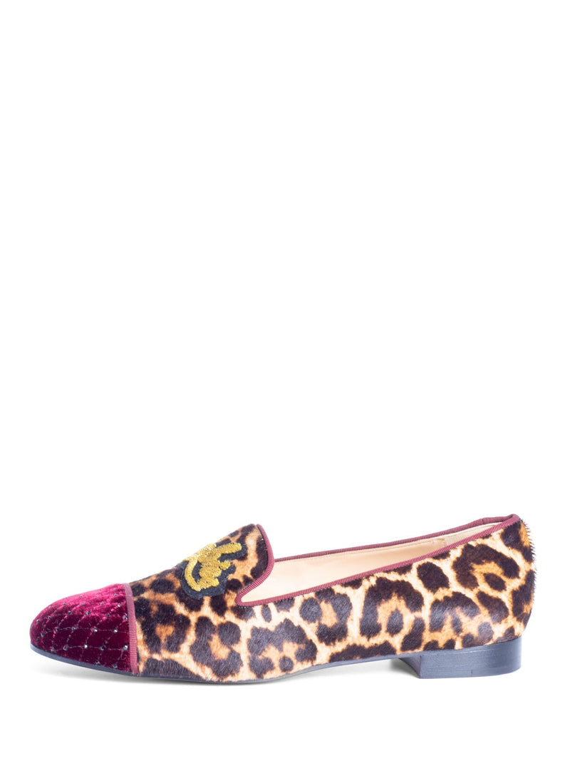 Christian Louboutin I Love My Loubies Cowhide Animal Print Velvet Cap Toe Loafers Brown-designer resale