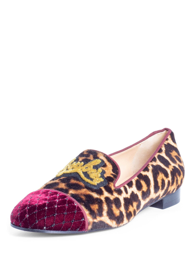 Christian Louboutin I Love My Loubies Cowhide Animal Print Velvet Cap Toe Loafers Brown-designer resale