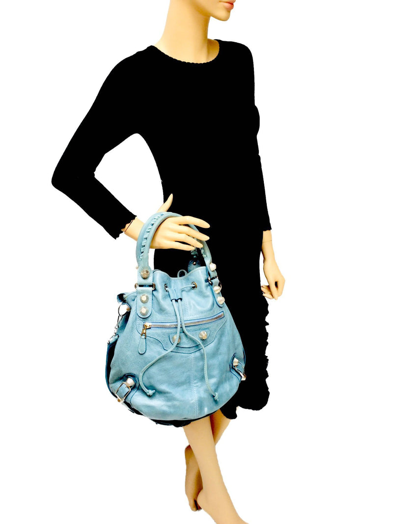 City Bucket Bag Light Blue Leather Silver Hardware-designer resale
