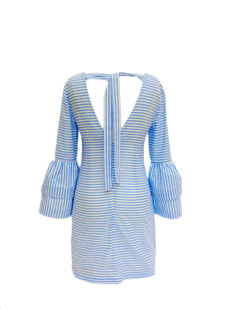 Cotton Striped Bell Sleeve Mini Dress Blue White-designer resale