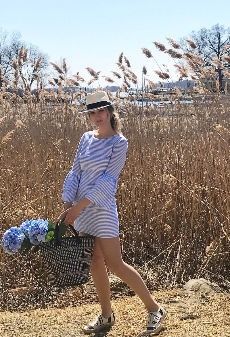 Cotton Striped Bell Sleeve Mini Dress Blue White-designer resale