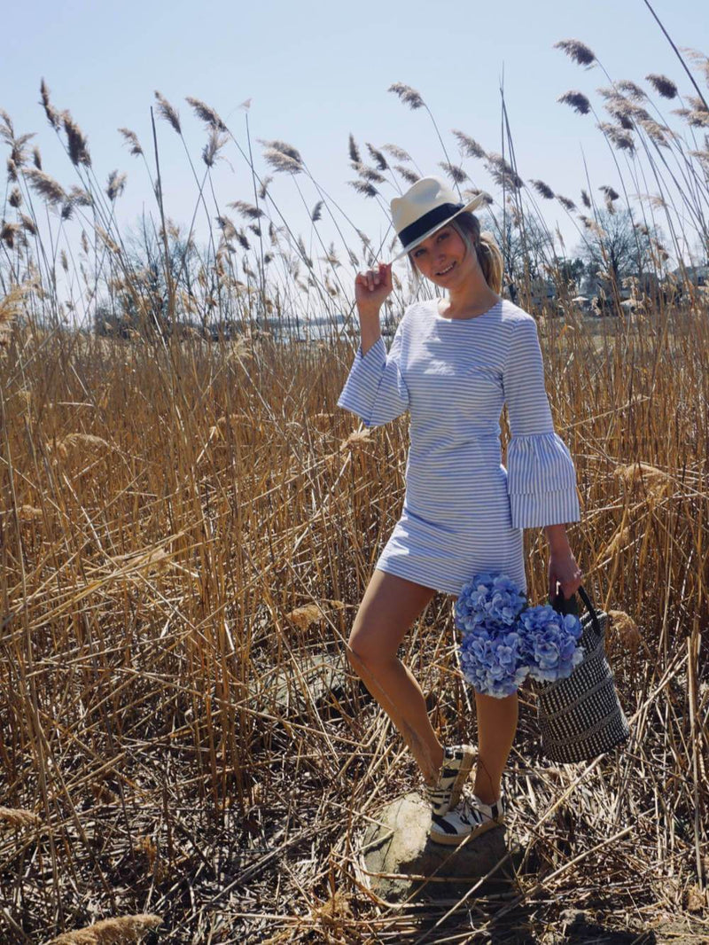 Cotton Striped Bell Sleeve Mini Dress Blue White-designer resale