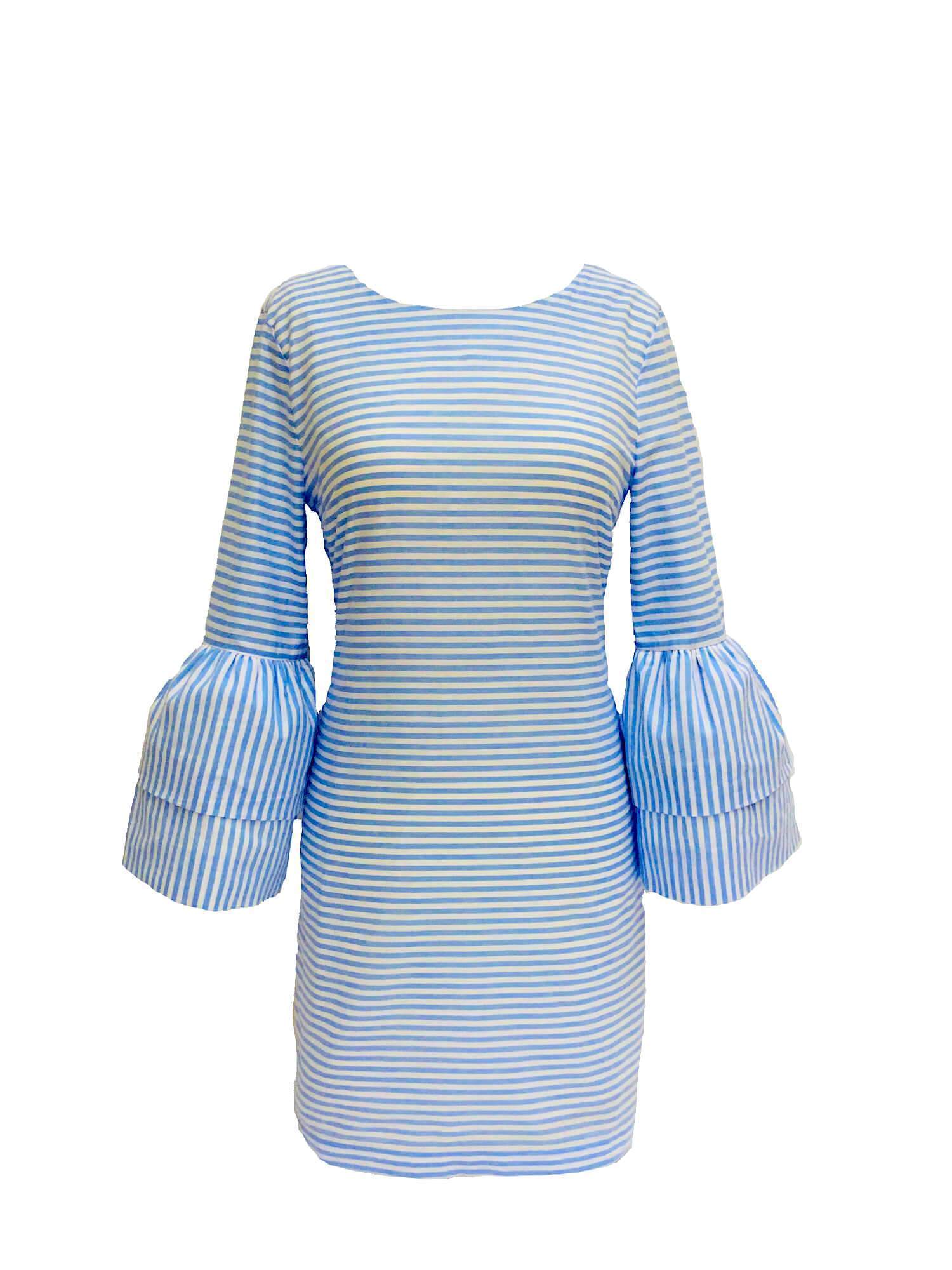 Cotton Striped Bell Sleeve Mini Dress Blue White-designer resale