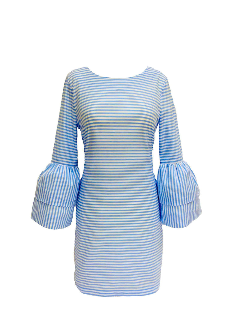 Cotton Striped Bell Sleeve Mini Dress Blue White-designer resale