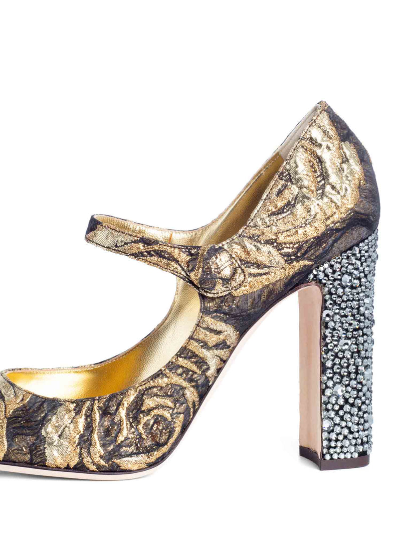 Dolce & Gabbana Brocade Rhinestone Mary Jane Block Heels Gold-designer resale