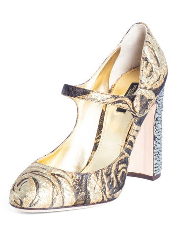Dolce & Gabbana Brocade Rhinestone Mary Jane Block Heels Gold-designer resale