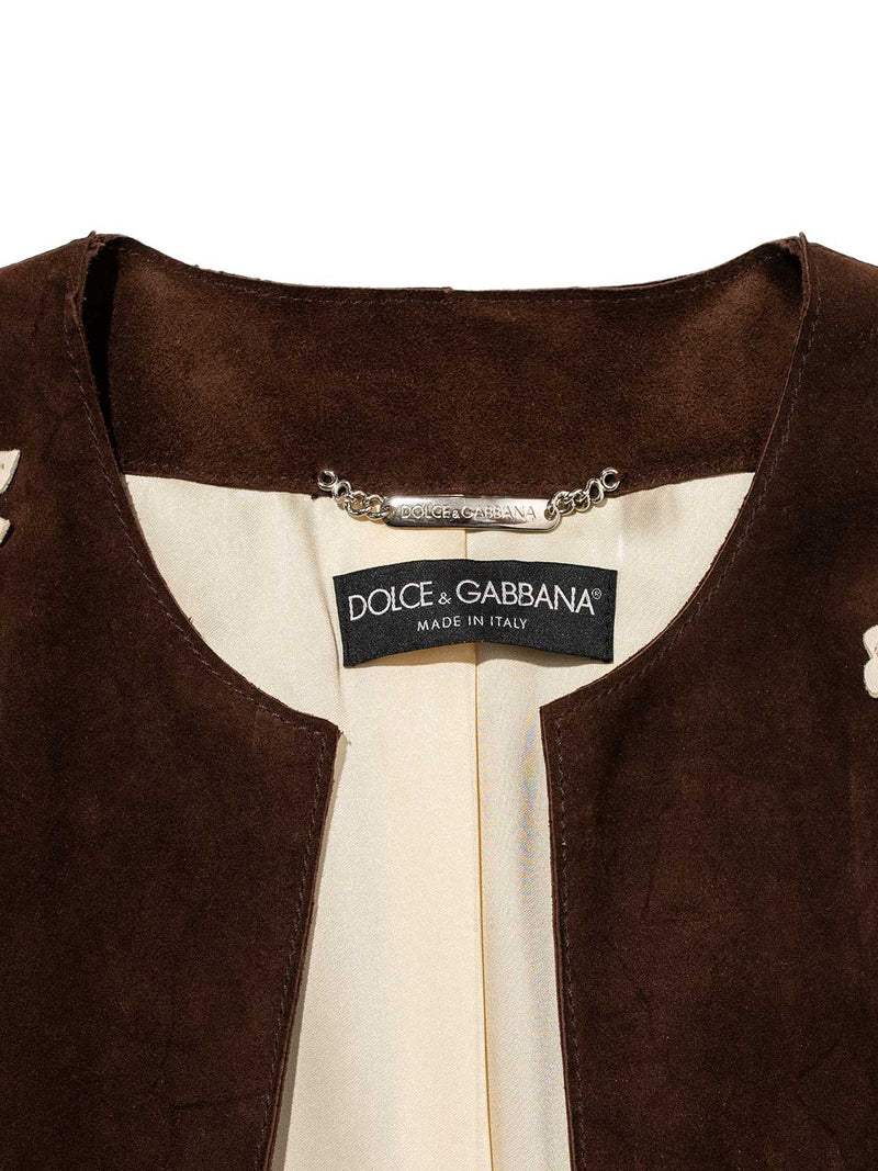 Dolce & Gabbana Couture Suede Leather Embroidered Coat Brown-designer resale