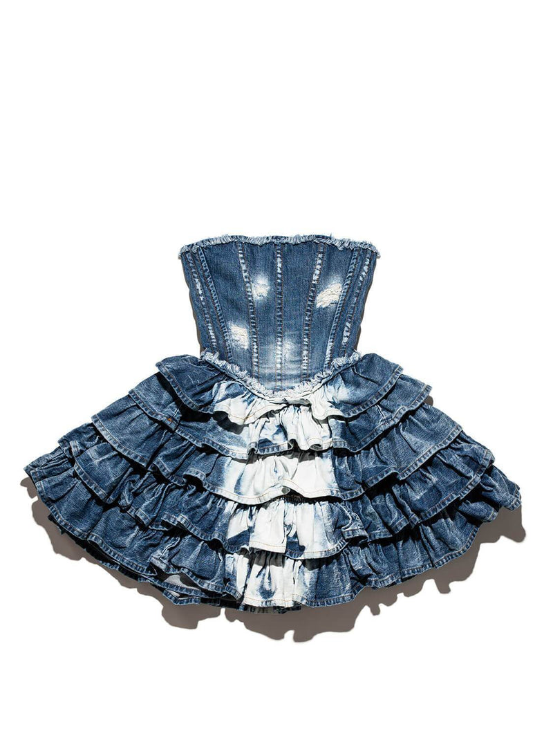 Dolce & Gabbana Denim Sleeveless Ruffle Mini Dress Blue-designer resale