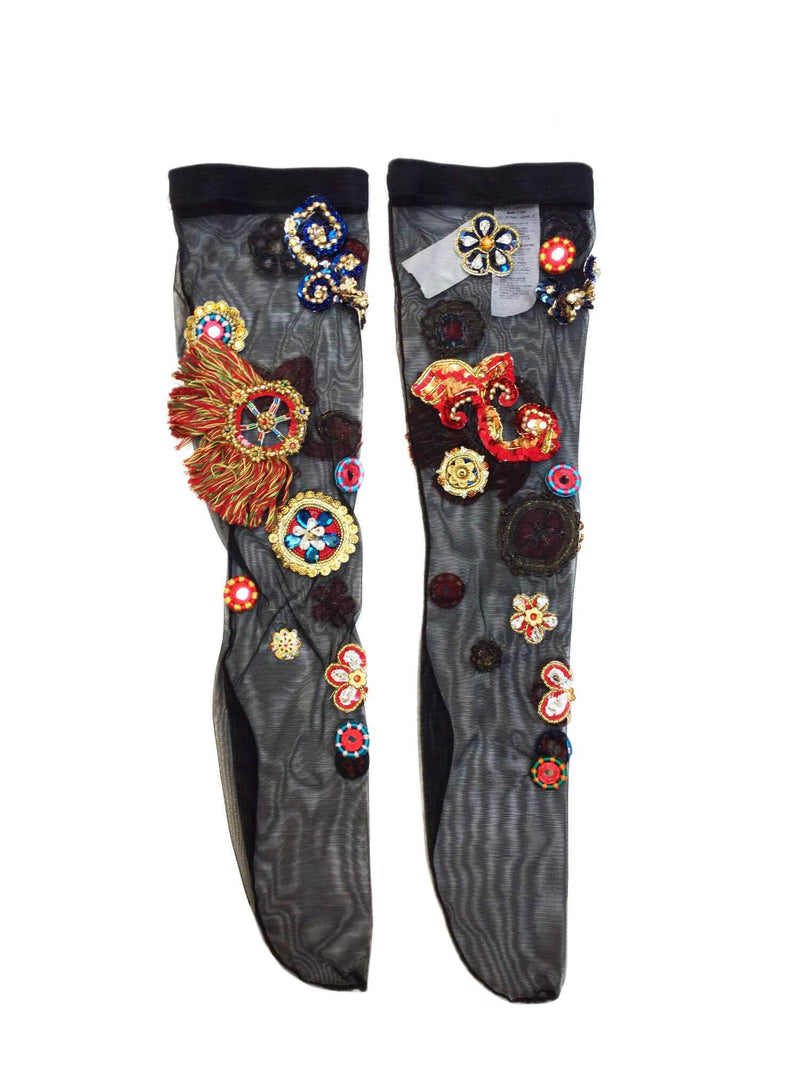 Dolce & Gabbana Knit Carretto Crystal Fringe Embroidered Socks Black-designer resale