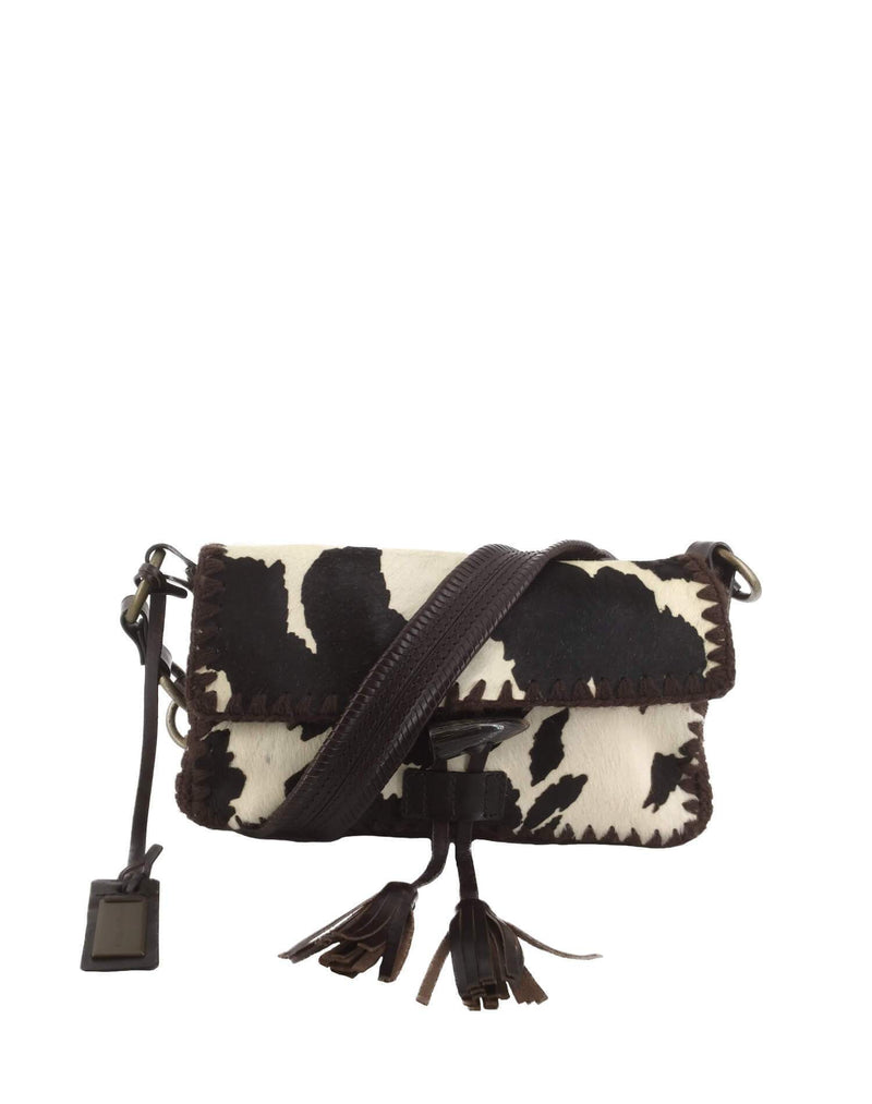 Dolce & Gabbana Pony Hair Leather Flap Shoulder Bag Brown White-designer resale