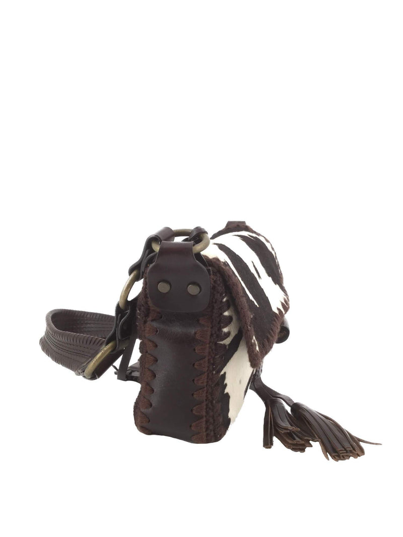 Dolce & Gabbana Pony Hair Leather Flap Shoulder Bag Brown White-designer resale